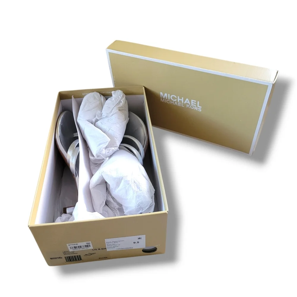 Michael Kors | BNIB Mid Letty Metallic Silver Strappy Toe Post Kitten Heels - Picture 12 of 13